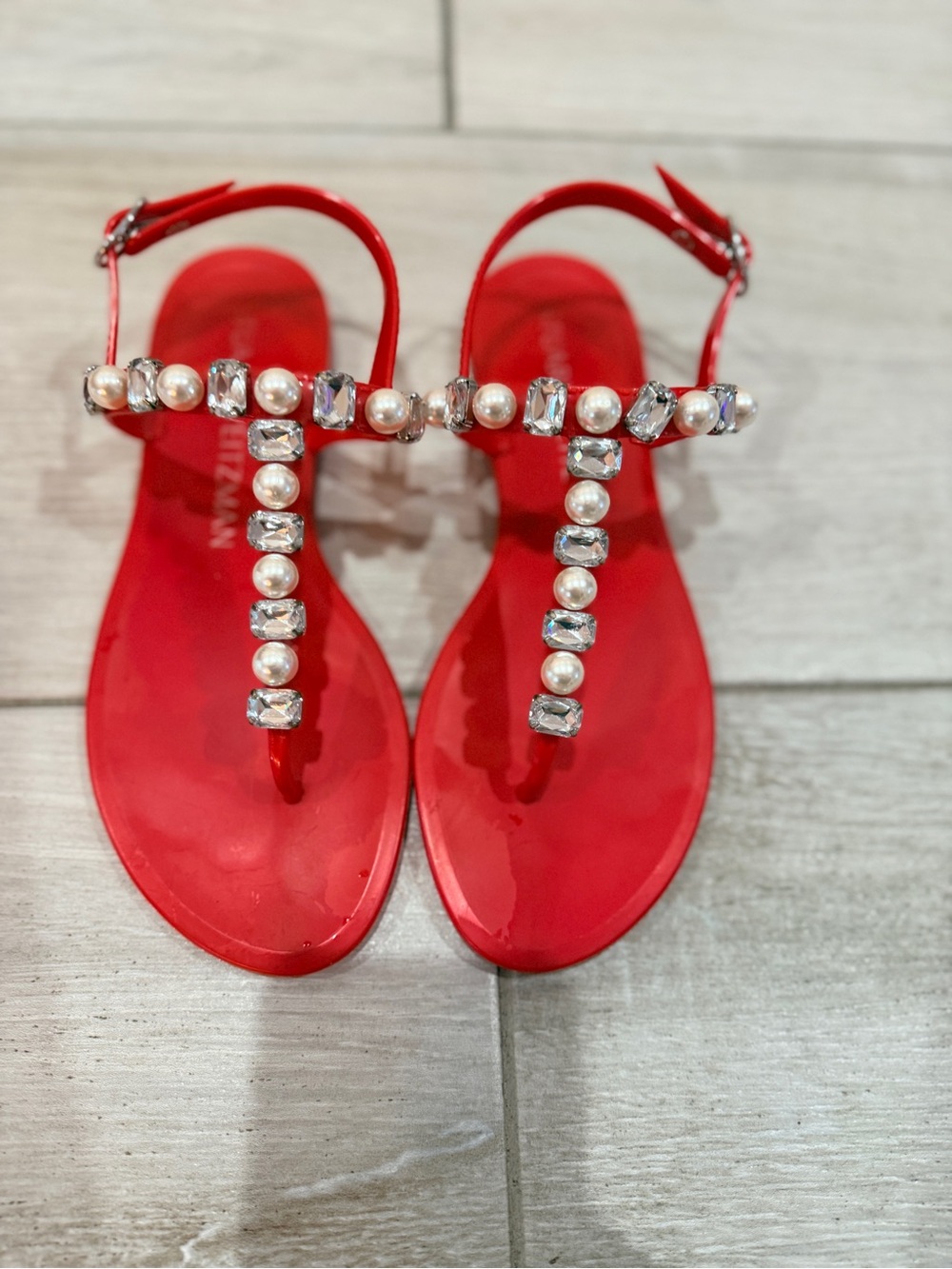 Stuart Weitzman Red Jeweled T-Strap Sandals